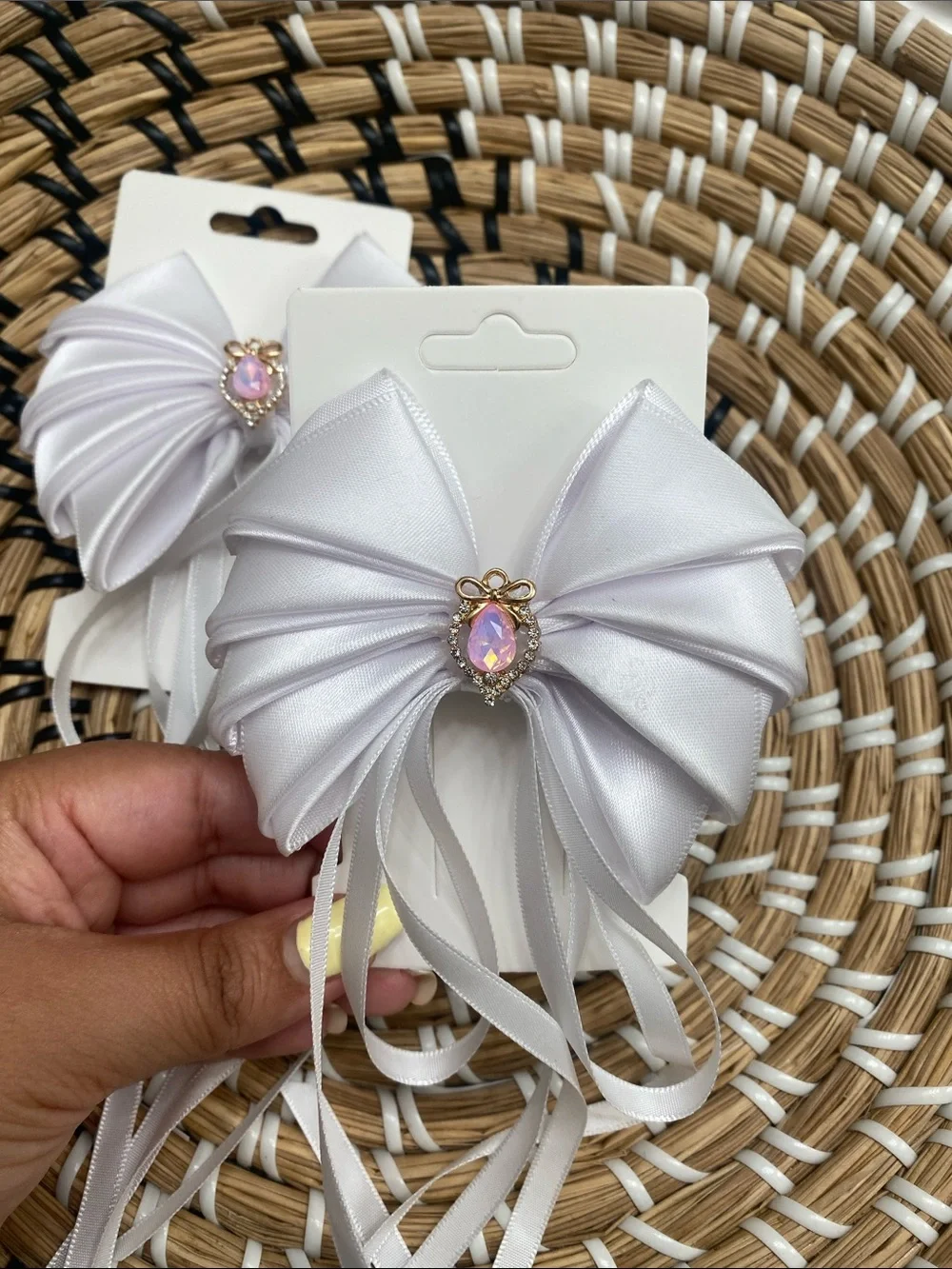 White Satin Ribbon Bow Hair Accessory with Pink Jewel